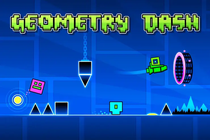 Geometry Dash level with a cube jumping between spikes and platforms