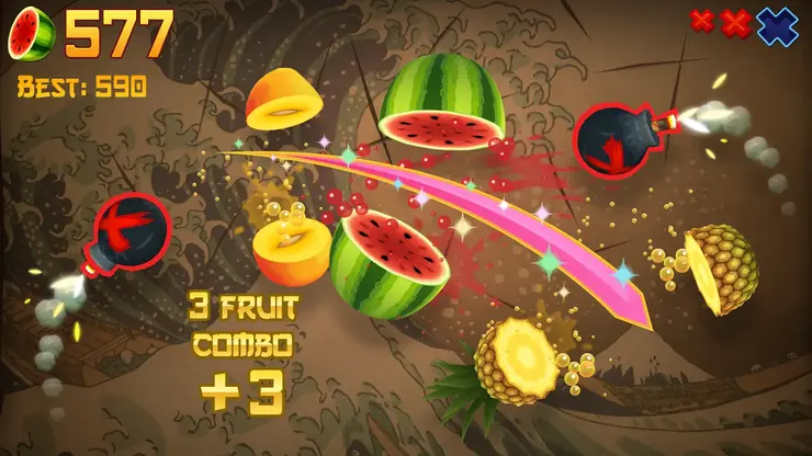 Fruit being sliced mid-air in Fruit Ninja with a combo counter